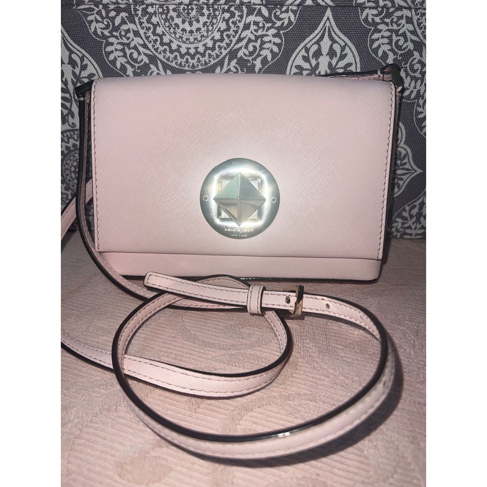 Kate Spade Pink Saffiano Leather Crossbody Bag Gold Turn Lock Closure